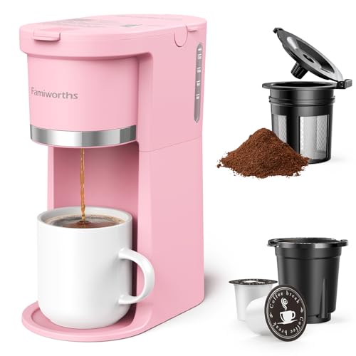 Famiworths Mini Coffee Maker Single Serve, Instant One Cup for K Cup & Ground Coffee, 6 to 12 Oz Brew Sizes, Capsule Coffee Machine with Water Window and Descaling Reminder, Romantic Pink - Romantic Pink - Mini