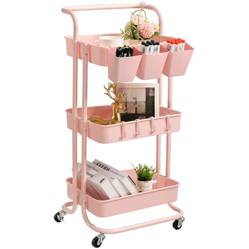 danpinera 3 Tier Rolling Utility Cart with Lockable Wheels & Hanging Cups & Hooks Storage Organization Shelves for Kitchen, Bathroom, Office, Library, Coffee Bar Trolley Service Cart, Seashell Pink - Seashell Pink