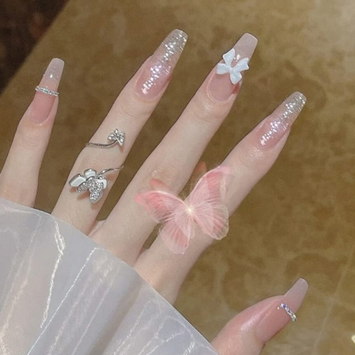 Xerling Glitter Press On Nails for Women Cute False Nails with Designs Rhinestones Bow Fake Nails for Girls Long Artificial Coffin Nails Tips Stick On 24Pcs (Bowknot) - Bowknot