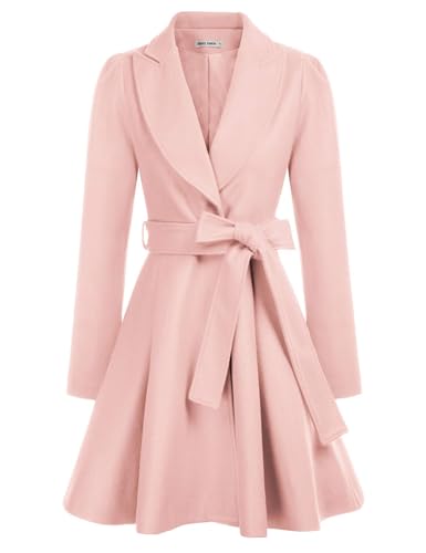 GRACE KARIN Women's Notch Lapel Long Puff Sleeve a Line Pea Coat with Self Tie Belt - Light Pink - XX-Large