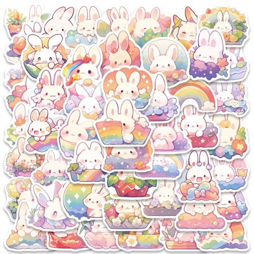 50pcs Cute Cartoon Rainbow Rabbit Stickers - 50pcs / CHINA