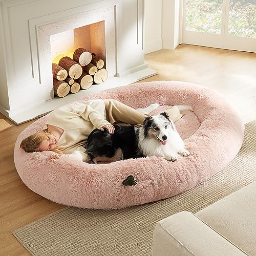 Bedsure Human Dog Bed for People Adults, Calming Human Size Giant Dog Bed Fits Pet Families with Memory Foam Supportive Mat and Storage Pocket, Fluffy Faux Fur Orthopedic Dog BeanBed, Pink - 72.0"L x 48.0"W x 12.0"Th - Pink