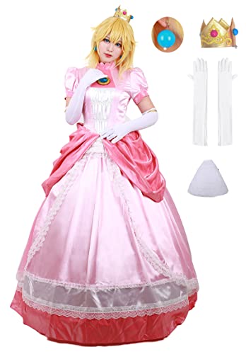 miccostumes Women's Costume Princess Cosplay Dress Deluxe Full Set with Crown Petticoat Earrings and Gloves - X-Large - Pink