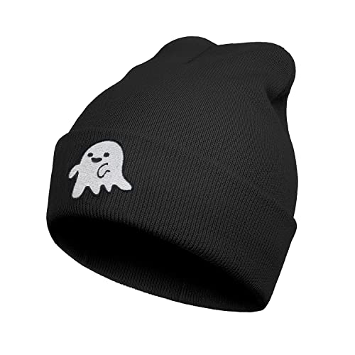 Ghost Beanie Hat - Embroidery Cute Ghost Hat Cartoon Knit Skull Winter Warm Cuffed Cap- Kawaii Goth Spooky Novelty Funny Beanie - Halloween Ghost Stuff Accessorise Gifts for Women Men Black