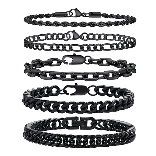 VNOX 5 Pcs Chain Bracelet for Men Women - Sturdy Stainless Steel Curb Width Cuban Link Chain Bracelet Set for Men Women,6.5/7/7.4/8.2/9 Inches - 7.5 Inches - Black Link 1