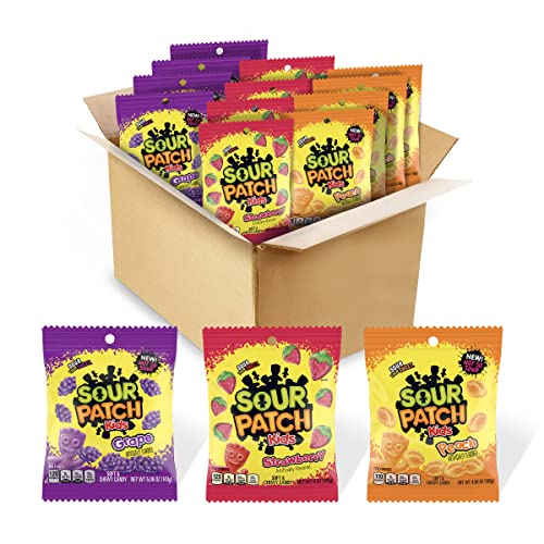 SOUR PATCH KIDS Fruit Flavors Soft and Chewy Candy Variety Pack, Peach, Grape, Strawberry, 12 Bags, 3.77 pounds