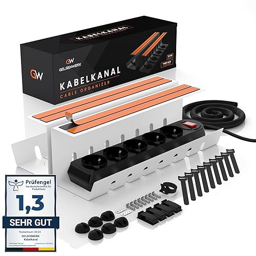 GELSENWERK® 2er Set Kabelkanal Schreibtisch Weiß ohne Bohren - Kabelhalter 43x12x12cm inkl. Kabelschlauch - Kabelwanne für ordentliches Kabelmanagement am Arbeitsplatz und Ordnung im Büro - 2 - Weiß
