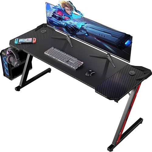 Homall Gaming Tisch 160 x 60 cm, Z-Frame Gamer Schreibtisch mit Kopfhörerhaken & Getränkehalter, Kohlebeschichtung Ergonomischer PC Computertisch, Stabiler Tisch - 160 x 60 cm - Schwarz