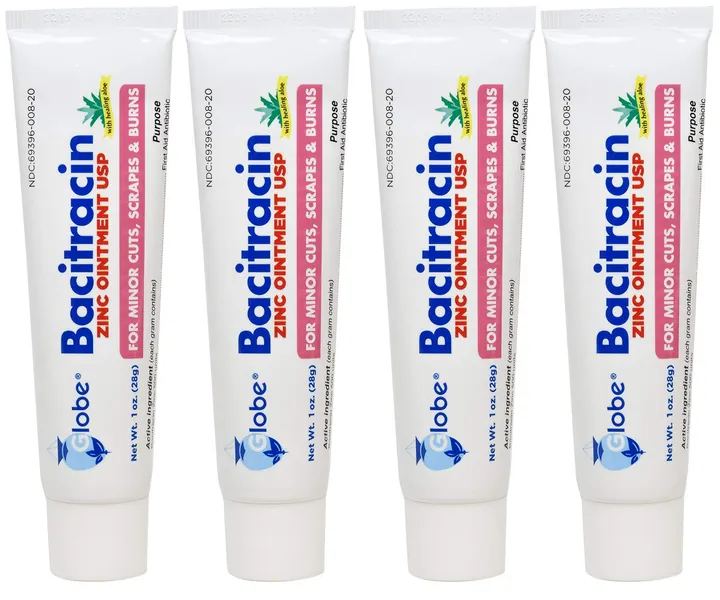 (4 Pack) Globe Bacitracin Zinc Ointment + Aloe 1oz, Antibiotic Ointment, Essential Antibiotic First Aid Supplies, Healing Action, Maximum Antibiotic Power, Prevents Infection in cuts, scrapes, Burns