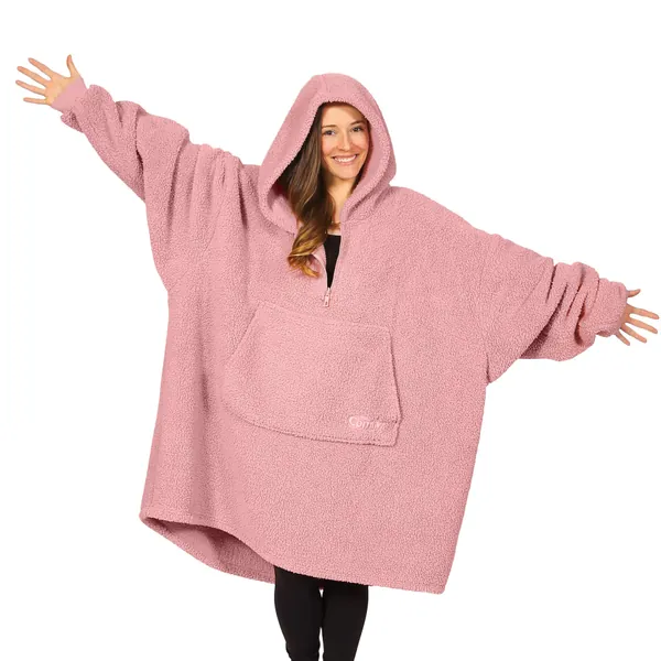 THE COMFY Teddy Bear Quarter Zip | Oversized Sherpa Wearable Blanket with Zipper, One Size Fits All, Seen On Shark Tank - Blush - Blush Teddy Bear