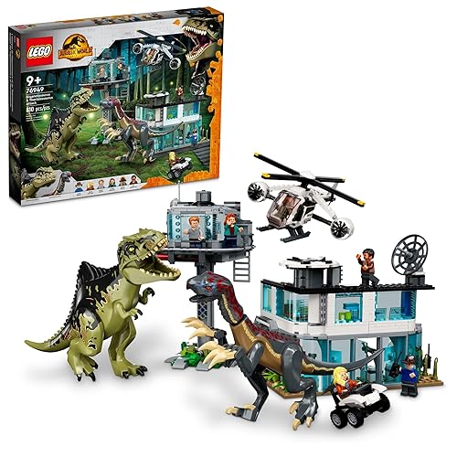 LEGO Jurassic World Giganotosaurus & Therizinosaurus Attack 76949 with 2 Dinosaur Toy Figures, ATV Car, Helicopter & Garage, Gifts for Kids, Boys and Girls - Frustration-Free Packaging