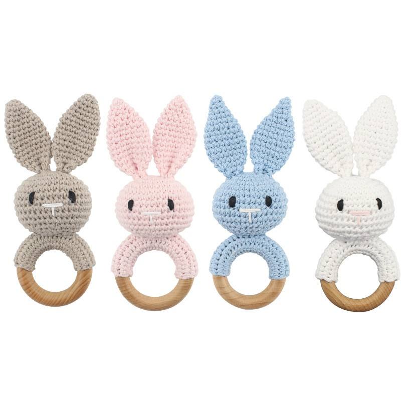 Plush Wooden Bunny Teether with Bell - Pink