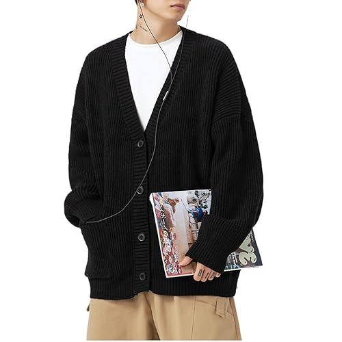 POHADON Mens Cardigan Sweater Button Down Long Sleeve V Neck Cable Knit Sweaters Japanese Streetwear Grunge Clothes - X-Large - Black
