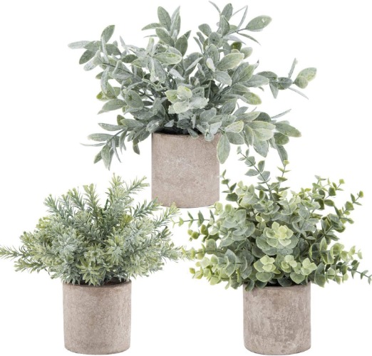 Der Rose 3 Pack Mini Potted Fake Plants Artificial Plastic Eucalyptus Plants for Home Office Desk Farmhouse Room Decor - Grey