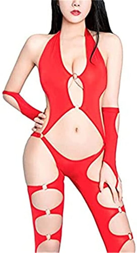 Liangliang Women's Sexy Dress Vertical Cut Out Cosplay Bodysuit Sheer Bodysuit Front Zipper Bodycon Romper - Red 1