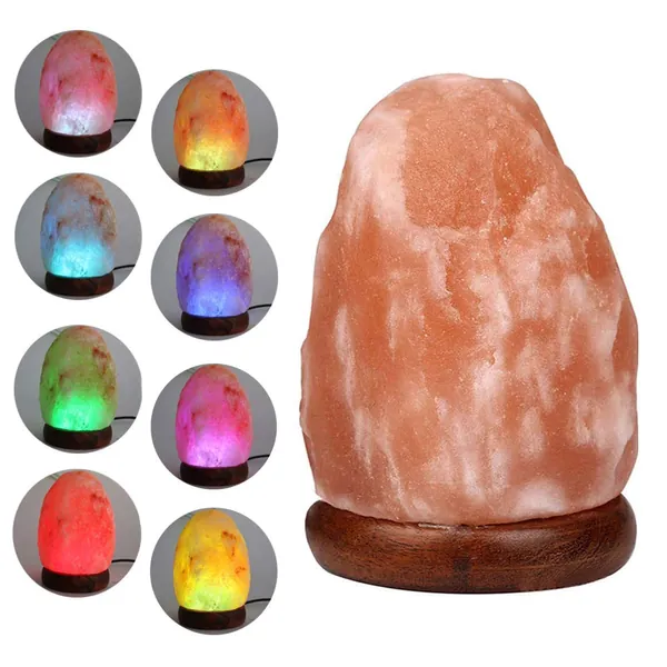 Himalayan Salt Lamp w 7 Colors Changing, USB Crystal Salt Rock Lamp Night Light for Home Décor Holiday Gifts - Hand Carved, LED Bulb and Real Rubber Wood Base - 4.7 inch-1.5lbs