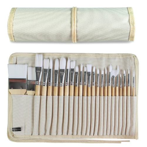 Paint Brushes Set of 24 Pieces Wooden Handles Brushes with Canvas Brush Case, Professional for Oil, Acrylic and Watercolor Painting - 