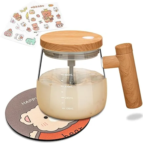 Self Stirring Mug , Electric High Speed Mixing Cup, 400ml Self Stirring Coffee Mug with Lid, High Borosilicate Glass Mug Home Office for Coffee, Milk, Protein (Not Included 2*aaa Battery ) (Round) - Round