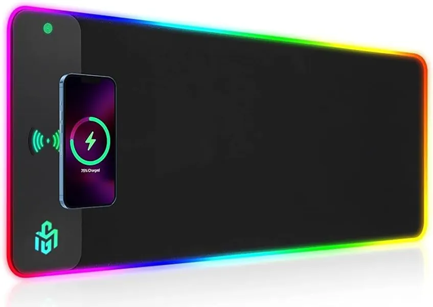 GIM Wireless Charging RGB Gaming Mouse Pad 15W, LED Mouse Mat 800x300x4MM, 10 Light Modes Extra Large Mousepad Non-Slip Rubber Base Computer Keyboard Mat for Gaming, MacBook, PC, Laptop, Desk - Black