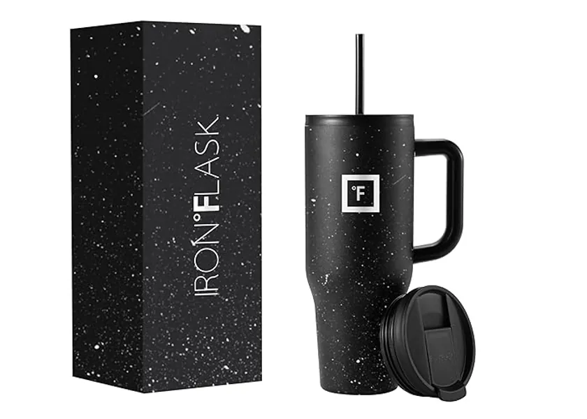 IRON °FLASK Co-Pilot Insulated Mug w/Straw & Flip Cap Lids - Cup Holder Bottle for Hot, Cold Drink - Leak-Proof- Water, Coffee Portable Travel Tumbler - Black Speckle, 40 Oz - 40 Oz - Black Speckle