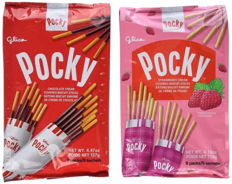 Glico Pocky Family Fun Pack 4.47 oz  4.19 oz, 9 Packs (Chocolate and Strawberry, Pack of 2)