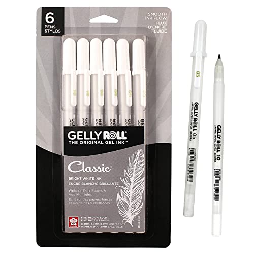 SAKURA Gelly Roll Gel Pens - Fine, Medium & Bold Tip Ink Pens for Journaling, Art, or Drawing - Classic White Ink - 05/08/10 Assorted Tip Sizes - 6 Pack - 1 Count (Pack of 6) - Assorted Point Sizes