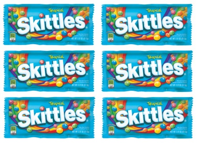 SKITTLES - Original, Wild Berry, Tropical, Smoothies, Sour, Brightside, All Lime - Full Size, Bite Size Candy, Individual Packs - Great For Holidays, Parties, Gifts & More ! (Tropical - 2.17 Ounce, 6 Count) - Tropical - 2.17 Ounce - 1 Count (Pack of 6)