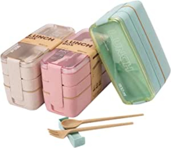 Rarapop 3 Pack Stackable Bento Box Japanese Lunch Box Kit with Spoon & Fork, 3-In-1 Compartment Wheat Straw Meal Prep Containers for Kids & Adults (Green/Pink/Beige) - Green/Pink/Beige