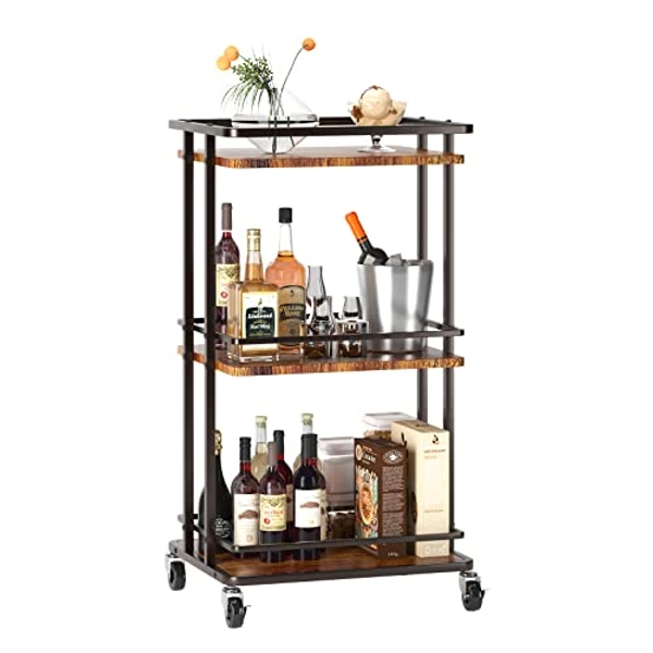 OKZEST 3 Tier Bar Cart for Home, Rolling Mini Liquor Bar for Wine Beverage Dinner Party, Utility Kitchen Storage Island Serving Cart on Wheels, Coffee Bar Cabinet for Kitchen Dining Living Room, Brown - 3 Tier Rustic Brown