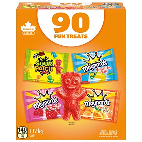 Maynards, Assorted Gummy Candy (Pack of 90), Sour Patch Kids, Fuzzy Peach, Swedish Berries, Swedish Fish, Bulk Candy, School Snacks, Individually Wrapped, Sour Candy, 1.12kg - Peach - 90 Count (Pack of 1)
