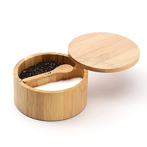 Bamboo Salt and Pepper Bowl Box Cellar Container Divided, Built-in Serving Spoon to Avoid Dust, Swivel Lid to Keep Dry, Sea Salt Spice Seasoning Keeper Holder, Dual 7 Ounce Capacity - Bamboo-2 compartment-total 14oz