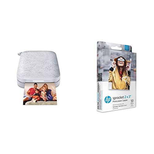 HP Sprocket Portable Color Photo Printer (2nd Edition) – Instantly print 2x3" sticky-backed photos from your phone – [Luna Pearl] [1AS85A] and Sprocket Photo Paper, 50 Sheets - Luna Pearl - 50 Pack Paper Bundle