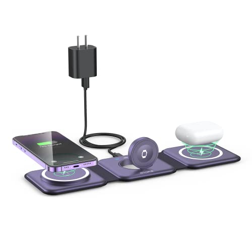 Wireless Charger 3 in 1,RTOPS Magnetic Travel Wireless Charging Station Multiple Devices,GaN 3 in 1 Charging Station,Compatible for iPhone 14/13/12/Pro/Max,iWatch,AirPods 3/2/Pro-Purple - Deep Purple