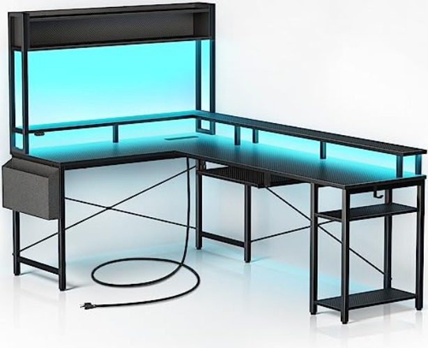 Rolanstar L Shaped Gaming Desk, 90.5“ Computer Desk with Monitor Stand & Hutch, Home Office Desk with LED Lights & Power Outlets, Corner Desk with Keyboard Tray, Carbon Fiber Black - Carbon Black