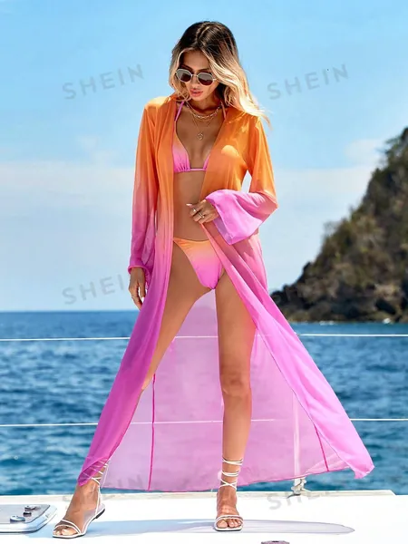 SHEIN Swim Vcay Ombre Halter Triangle Bikini Swimsuit With Kimono