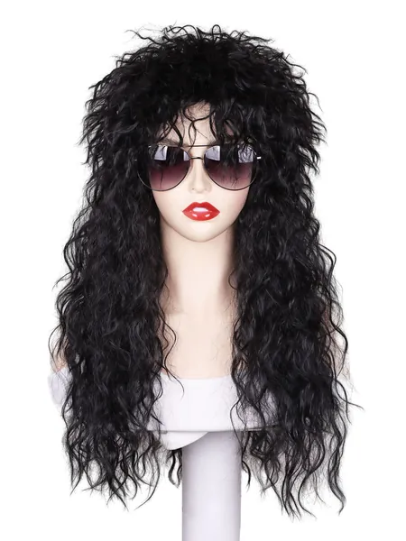Natural Looking 24 Inch Long Black  Wavy Sexy Women's Heat Resistant Synthetic Hair Wig for Daily Party Use or Disco Hippie Rocking 80s 90s Theme Party and Halloween Rocker Heavy Metal 80's 1980s Costume Wigs