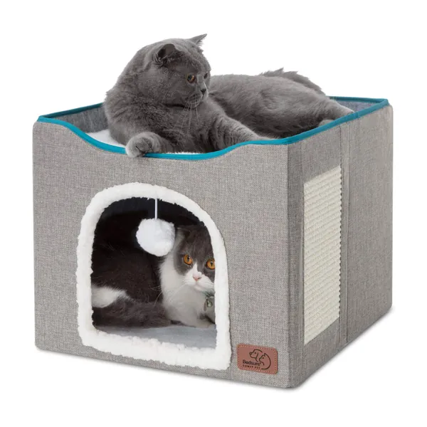 Bedsure Cat Beds for Indoor Cats - Large Cat House for Pet Cat Cave with Cat Scratch Pad and Fluffy Ball Hanging, Foldable Cat Hidewawy,16.5x16.5x14 inches