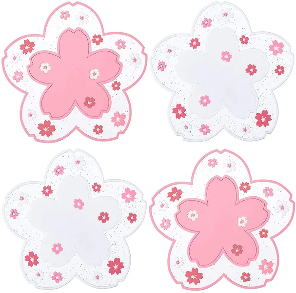 Kawaii Sakura Cup Coaster, Decor Cup Placemat, Cute Kitchen Pot Bowl Pad Placemat, Cherry Blossom Coaster, Table Cup Mat, Flower Pattern Mug Pink Coasters Set of 4 for Drinks, Coffee, Tea (4.5in)