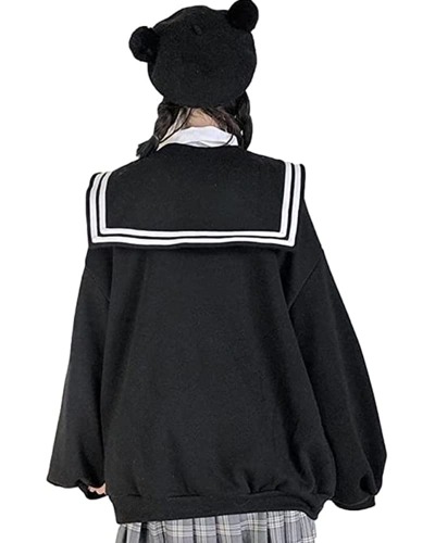 BZB Women's Kawaii Harajuku Japanese Lace Coat Jacket For Girls Sailor Collar Hooded Sweet Sweater Sweatshirt Cardigan - W-black Small