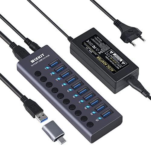 Active USB Hub, WLXKJY Aluminum 10-Port USB 3.0 Hub with 10 USB 3.0 Data Transfer Ports, USB Splitter with Individual Switch and 60W (12V/5A) Power Adapter