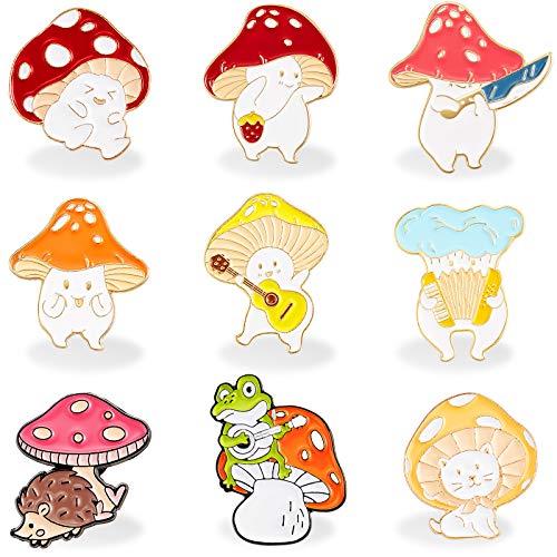 9 Pieces Mushroom Enamel Pin Brooches Mushroom Brooches Cute Cartoon Mushroom Gift Alloy Brooch Guitar Cat Frog Hedgehog Cartoon Plant Enamel Pin Welcome Back to School Gift for Backpack Clothes Hat