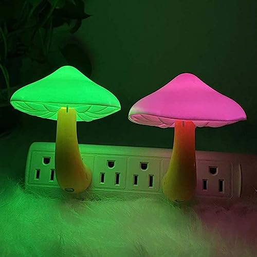 [ 2 Pack ] UTLK LED Mushroom Night Light Lamp with Dusk to Dawn Sensor,Plug in LED Bed Cute Mushroom Nightlight Night lamp Wall Light Baby Night Lights for Kids Children (Colorful) - Colorful
