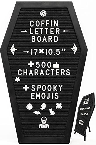 Coffin Letter Board Black With Spooky and All Seasons Emojis +500 Characters, and Wooden Stand - 17x10.5 Inches - Gothic Halloween Decor Spooky Gifts Decorations - Black