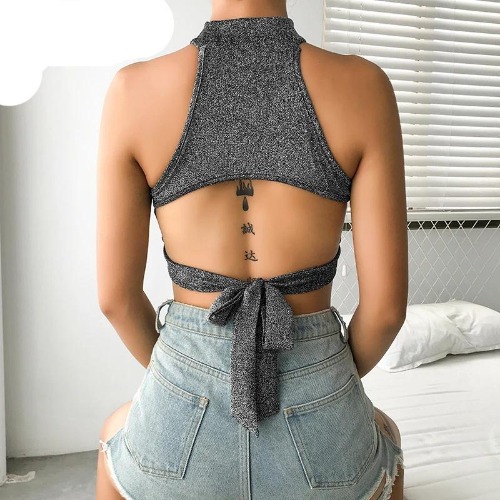 Grey Grunge Backless Crop Top - Sea of Misery' - S