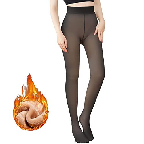 Women Winter Tights Fake Fleece Tights Opaque Fleece lined Leggings Fake Transparent Thermal Pantyhose Elastic Skinny Pants, Black, One Size