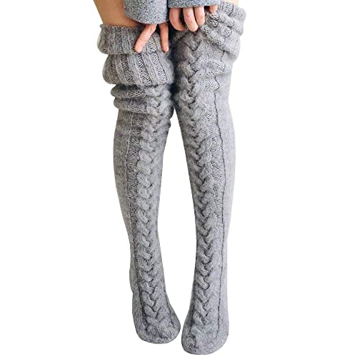 Women's Warm Knit Thigh High Socks, Extra Long 41~47" Winter Thermal Over Knee Boot Stockings Leg Warmers - One Size - Grey
