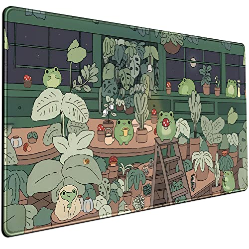 Cute Frog Mouse Pad Desk Pad Kawaii Green Desk Decor Mat, Large Gaming Mouse Pad for Desk Computer Keyboard Laptop, Desk Decor Home Office Accessories for Girl (31.5x15.7 in)-with Stitched Eges Pad - A Cute Frog