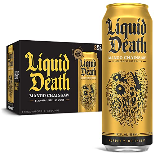 Liquid Death Flavored Sparkling Water with Agave, Mango Chainsaw, 19.2 oz King Size Cans (8-Pack) - Mango Chainsaw - Sparkling - 19.2 Fl Oz (Pack of 8)