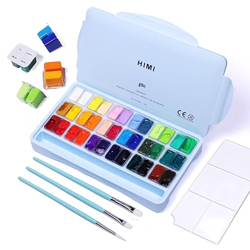 HIMI Gouache Paint Set, 36 Colors x 12ml Twin Jelly Cup Design with 3 Paint Brushes and a Palette in a Carrying Case Perfect for Artists, Students, Gouache Opaque Painting