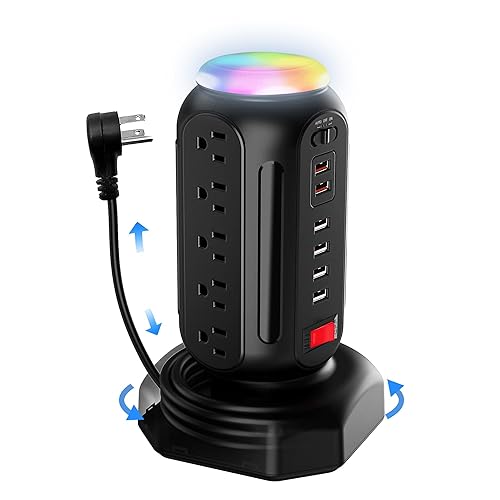 DYSSIPATIVE Power Strip Tower with Colorful Nightlight, 15 AC Outlets and 6 Fasting USB Ports, Retractable Extension Cord with Multiple Outlets, 900 J Surge Protector with Right Flat Plug (Black) - Black -USB-A